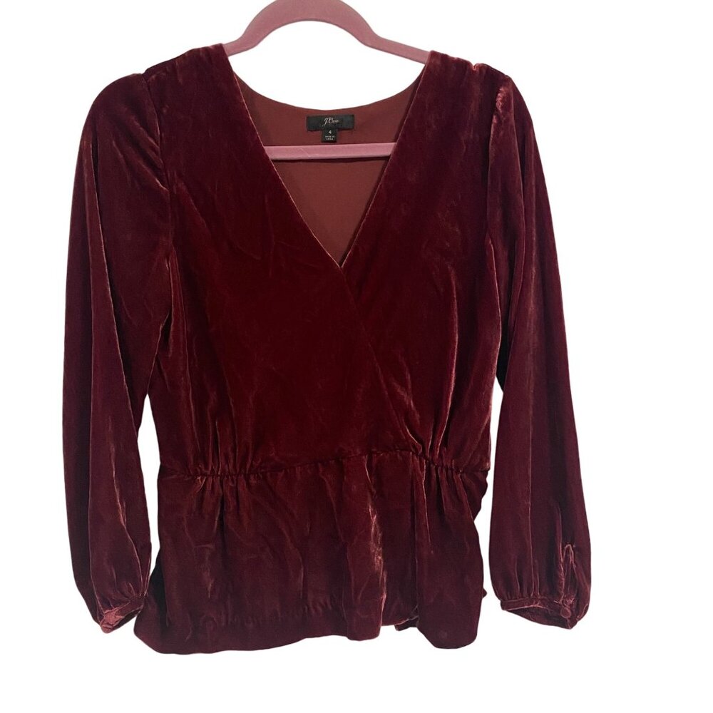 J. Crew Drapey Velvet Faux Wrap Burgundy Blouse Size 4